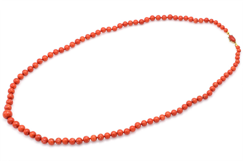 Vintage 18K Yellow Gold Red Coral Long Beaded Strand Necklace 31 Inches