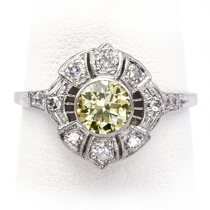 GIA Certified Platinum 0.55 Ct Fancy Light Greenish Yellow Diamond Band Ring