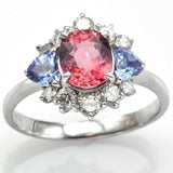 Estate 18K Gold Pink Tourmaline, Tanzanite & Diamond Band Ring