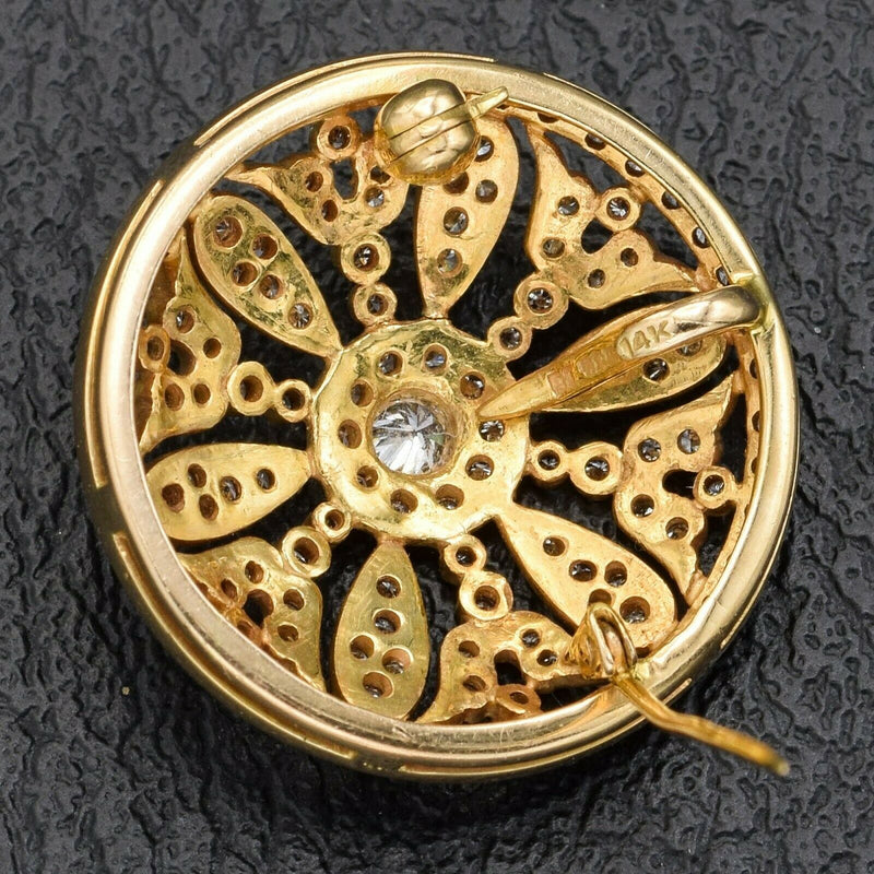 Antique 14K Yellow Gold Diamond Art Deco Round Brooch Pendant D/E VS-1