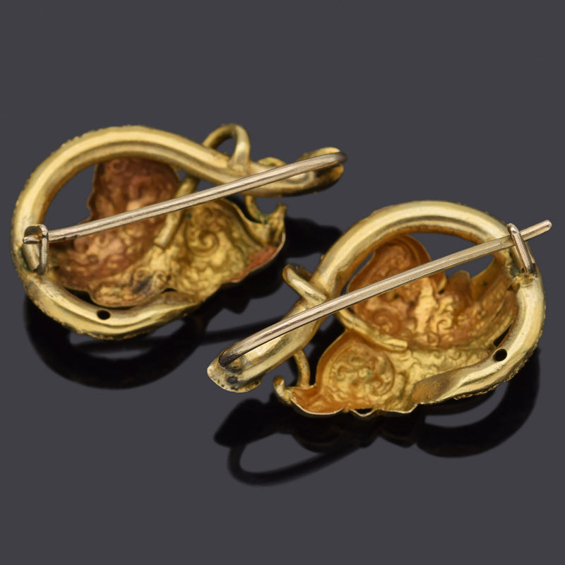 Antique Victorian 18K Yellow Gold Leaf Dangle Kidney Back Earrings