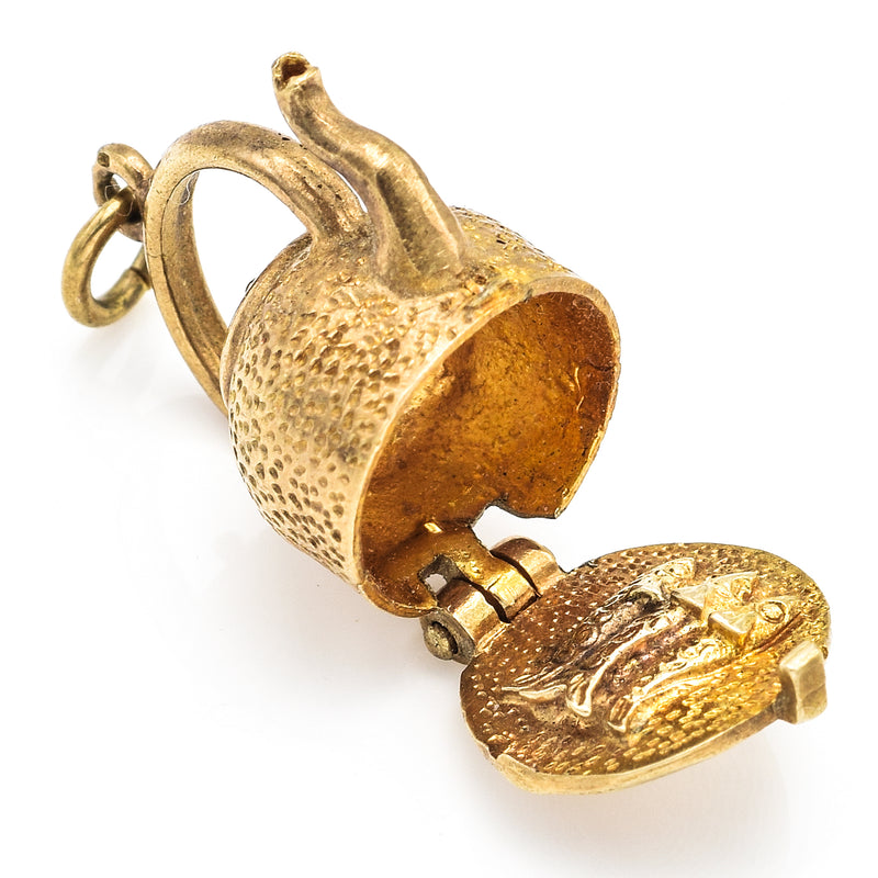 Vintage 9K Yellow Gold Tea Pot Kettle Fish Movable Charm Pendant