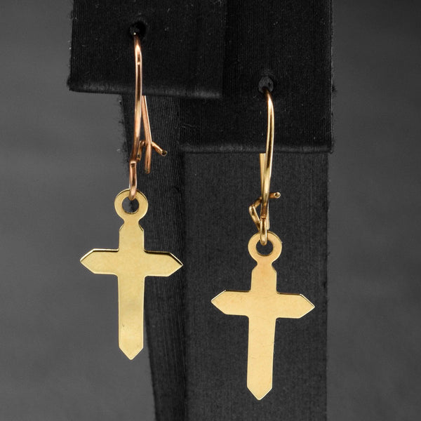 Vintage 14K Yellow Gold Cross Dangle Kidney-Wire Earrings