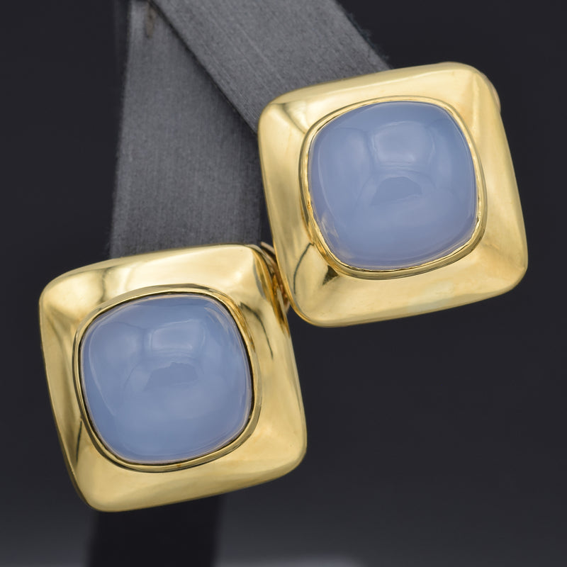 Vintage 18K Yellow Gold 23.30 TCW Chalcedony Omega-Back Square Earrings