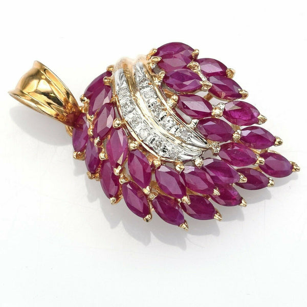 Vintage 14K Yellow Gold Non-Treated Ruby & Diamond Large Cluster Pendant