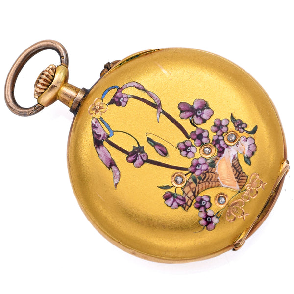 Antique Le Parc 14K Gold Diamond & Floral Enamel Pocket Watch