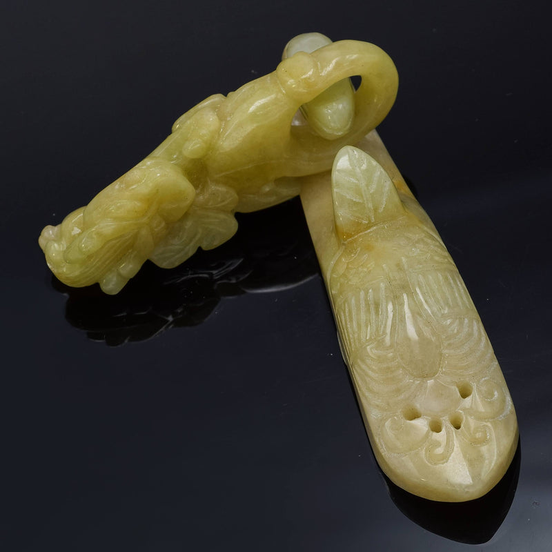 Antique Translucent Green Yellow Jade Carved Dragon Belt Buckle