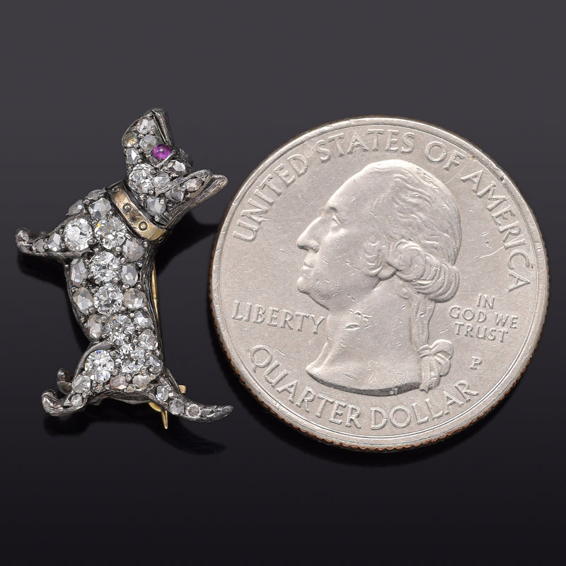 Antique 14K Gold & Sterling Silver 0.68 TCW Diamond & Ruby Dog Brooch Pin 4.0 G