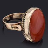 Vintage 14K Yellow Gold Red Coral Cabochon Oval Cocktail Ring