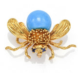 Vintage 18K Gold Sleeping Beauty Turquoise & Sapphire Bee Brooch Pin