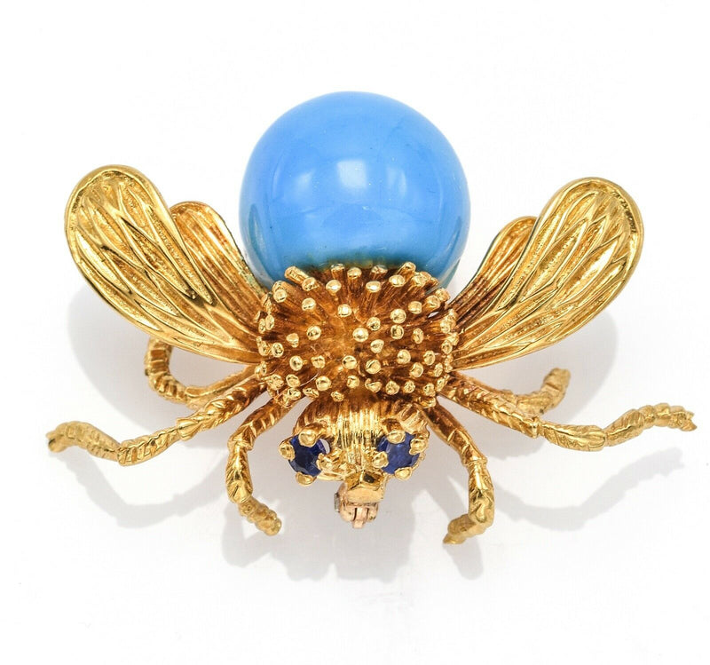 Vintage 18K Gold Sleeping Beauty Turquoise & Sapphire Bee Brooch Pin