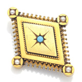 Antique English 18K Gold Turquoise & Sea Pearl Love Locket Brooch Pendant