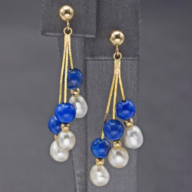 Vintage 14K Yellow Gold Lapis & Sea Pearl Beaded Multi-Strand Dangle Earrings