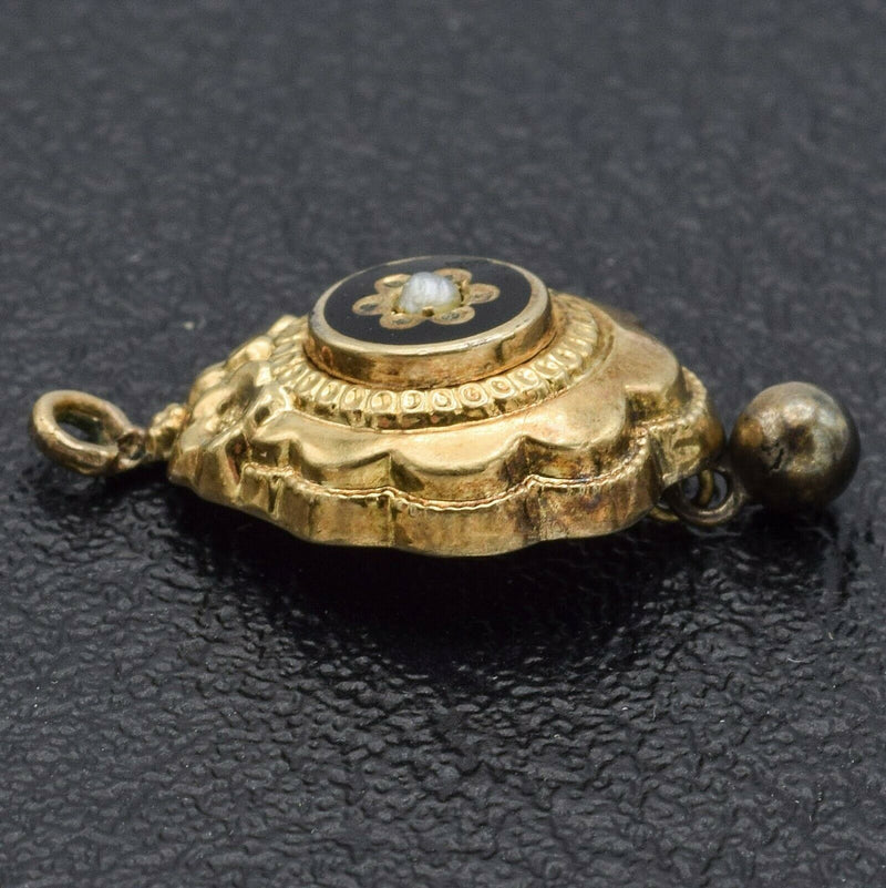 Vintage 14K Yellow Gold Black Enamel Pearl Floral Charm Pendant