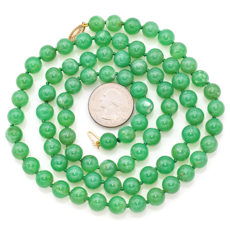Vintage 14K Yellow Gold Apple Green Chrysoprase Long Beaded Strand Necklace 34"