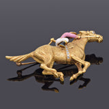 Vintage 18K Gold Diamond Enamel Horse and Jockey Equestrian Brooch Pin