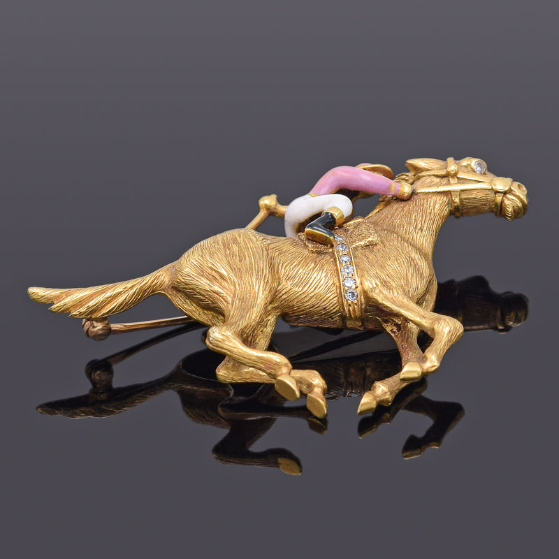 Vintage 18K Gold Diamond Enamel Horse and Jockey Equestrian Brooch Pin