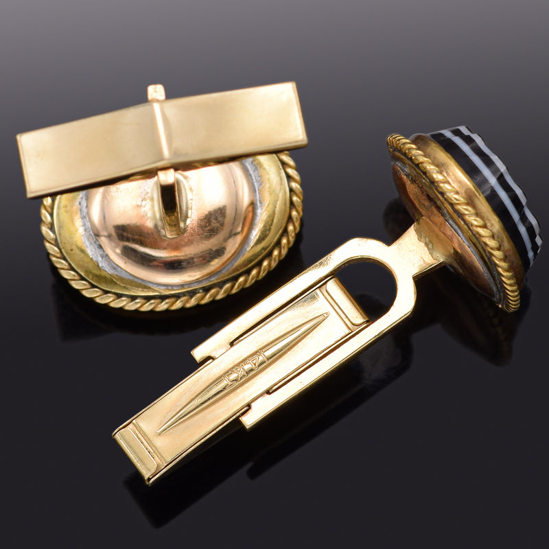 Antique 14Kt Yellow Gold Black and White Agate Oval Cufflinks 7.5 Grams