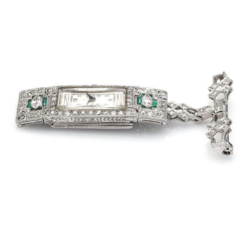 Antique Platinum Diamond & Emerald Art Deco Brooch Pin Watch