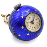 Antique Sterling Silver Blue Enamel Guilloche Ball Pendant Watch Abra Swiss Movement