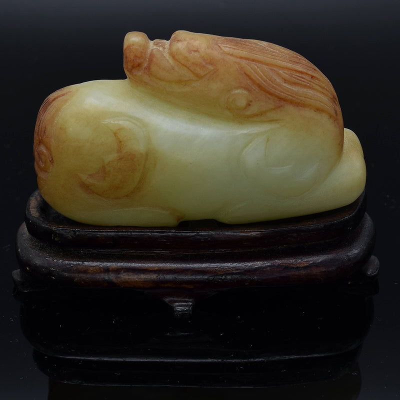 Antique White Red Mutton Fat Jade Carved Lion Beast Figurine with Stand