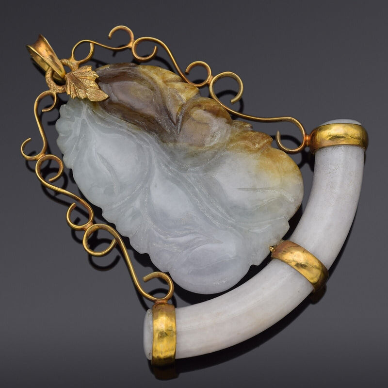 Vintage 14K Yellow Gold White & Brown Jade Large Carved Fruit Pendant 37.6 Grams
