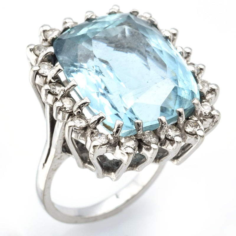 Vintage 14K White Gold Aquamarine And Diamond Cocktail Ring