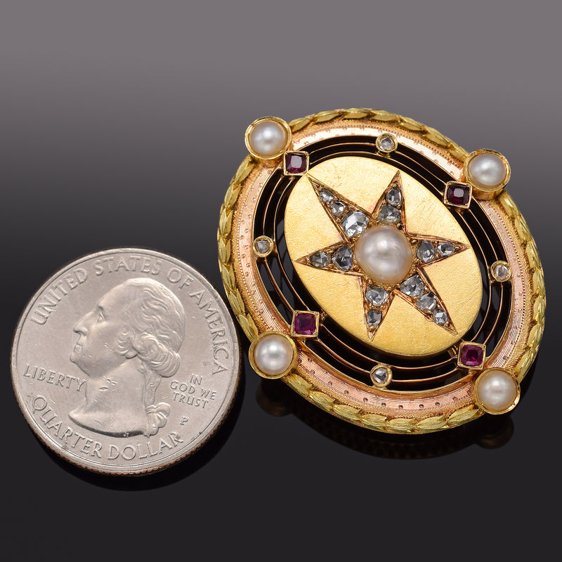 Antique Victorian 18K Gold 0.51TCW Diamond, Ruby, Sea Pearl Starburst Brooch Pin