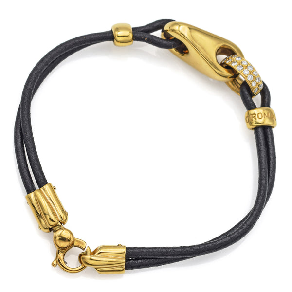 Oromalia Italy 18K Yellow Gold Diamond Leather Bracelet