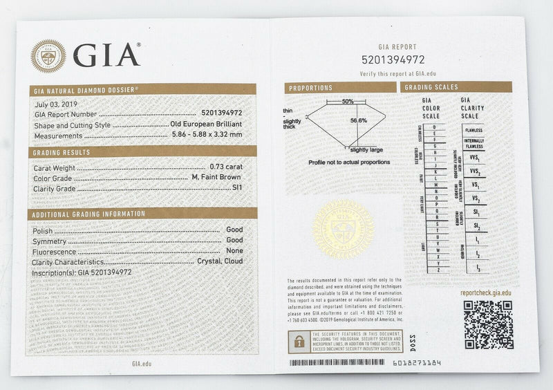 0.73 Carat GIA Certified Old European Brilliant Cut Diamond M Faint Brown SI1