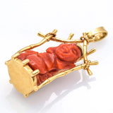 Vintage 18K Yellow Gold Carved Red Coral Happy Buddha Pendant