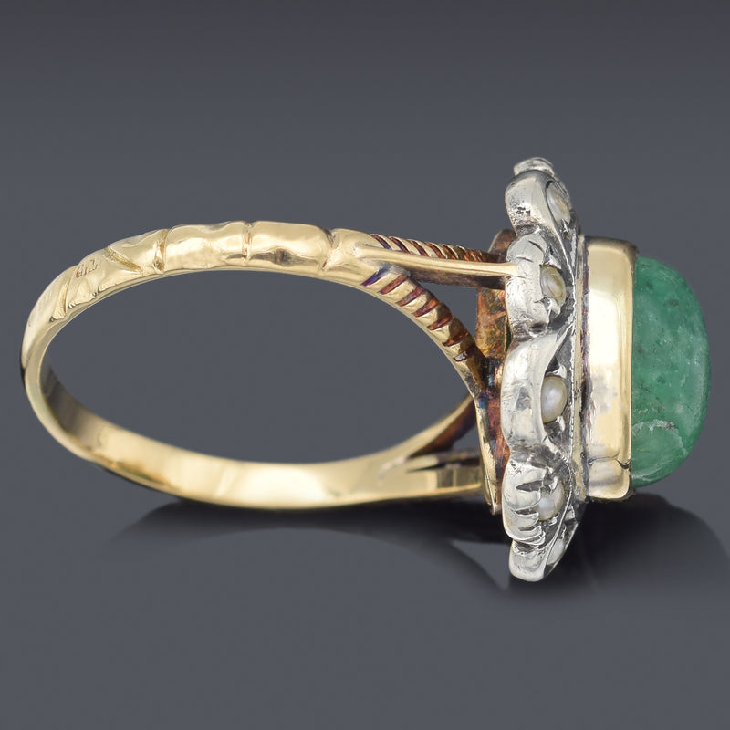 Antique 14K Yellow Gold & Sterling Silver Emerald & Sea Pearl Cocktail Ring