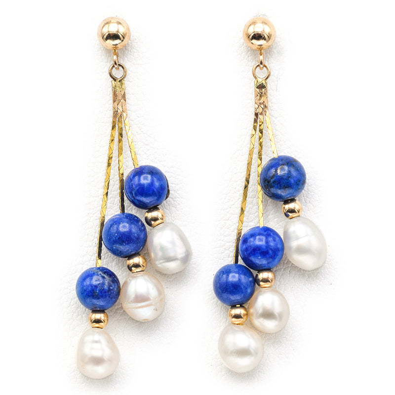 Vintage 14K Yellow Gold Lapis & Sea Pearl Beaded Multi-Strand Dangle Earrings