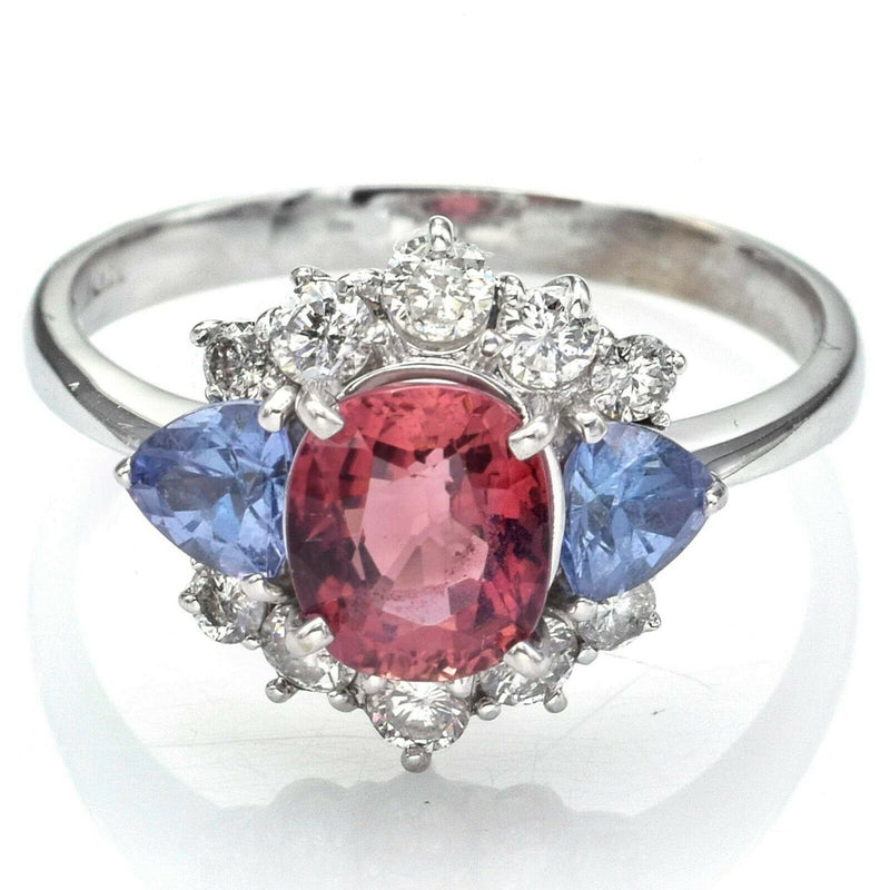 Estate 18K Gold Pink Tourmaline, Tanzanite & Diamond Band Ring