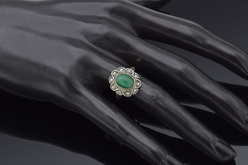 Antique 14K Yellow Gold & Sterling Silver Emerald & Sea Pearl Cocktail Ring
