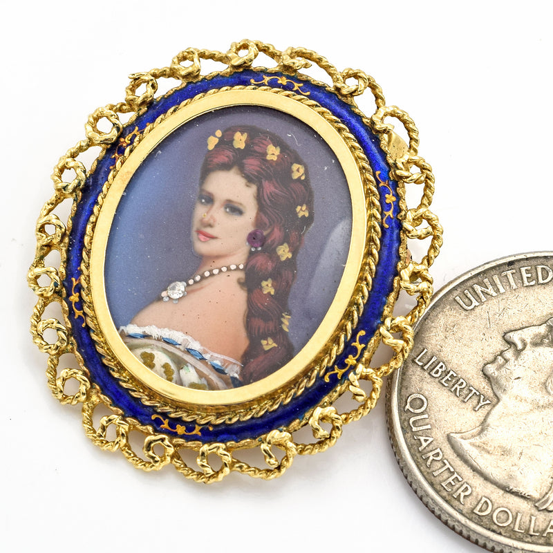 Antique 14K Gold Diamond & Ruby Italy Hand Painted Portrait Brooch Pendant