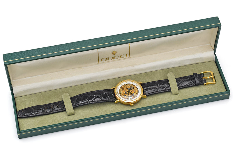 Rare Vintage Gucci 700 SQ 18K Gold Skeleton Automatic Men's Date Watch + Box