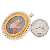 Antique 18K Gold Italy Sea Pearl & Diamond Hand Painted Portrait Brooch Pendant