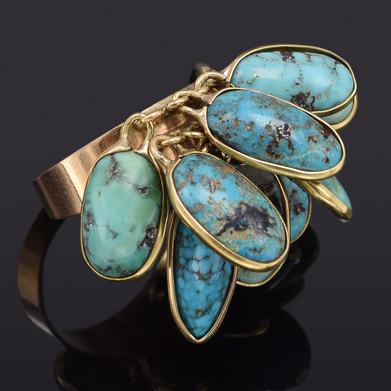 Antique 14K Yellow Gold Genuine Persian Turquoise Dangle Multi-Charm Band Ring 9.0Gr