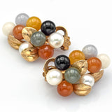 Ming's 14K Gold Multi-Color Jade & Sea Pearl Cluster Leaf Clip On Earrings