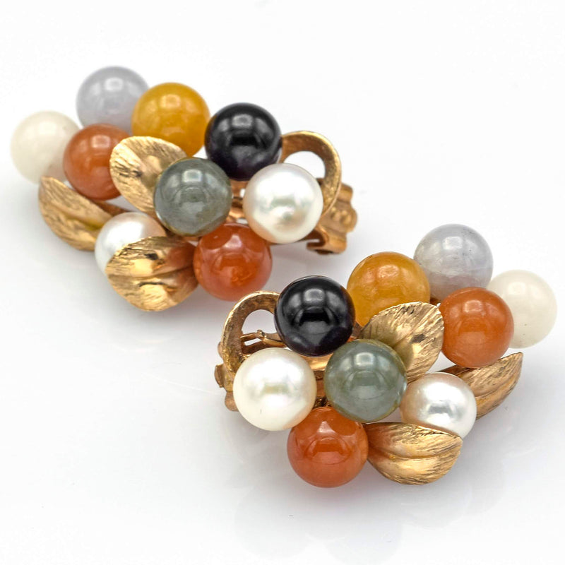 Ming's 14K Gold Multi-Color Jade & Sea Pearl Cluster Leaf Clip On Earrings