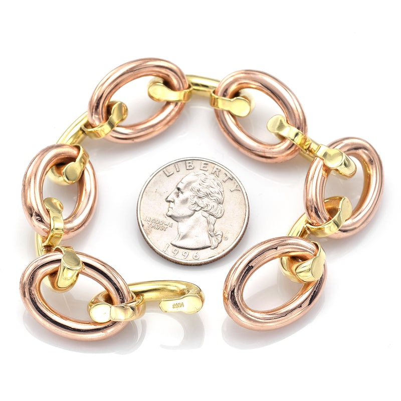 Vintage 14K Yellow & Rose Gold Large Oval Link Bracelet