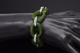 18K Gold Green Jade & 7.48 TCW Diamond Cable Link Necklace Earrings Bracelet Set