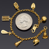 Vintage 24K Gold Teapot, Bell, Cage, Pipa, Abacus, Pagoda, Iron Charms Bracelet