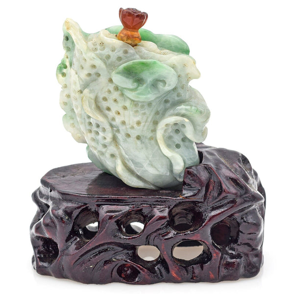 Antique Chinese Green Jade Carved Cabbage Snuff Bottle + Wood Stand 154.5 Grams