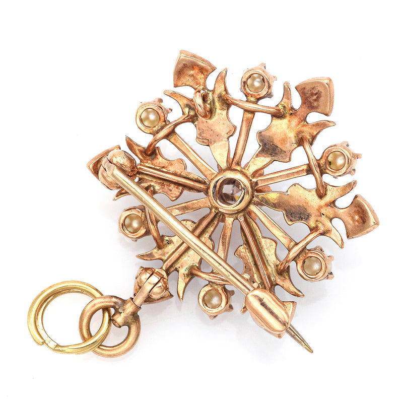 Vintage 14K Yellow Gold Diamond & Sea Pearl Enamel Snowflake Brooch Pin Pendant