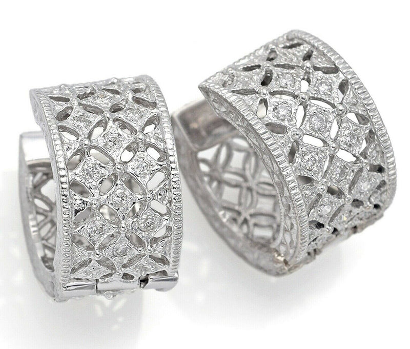 Vintage 14K White Gold Diamond Filigree Hoop Huggie Earrings