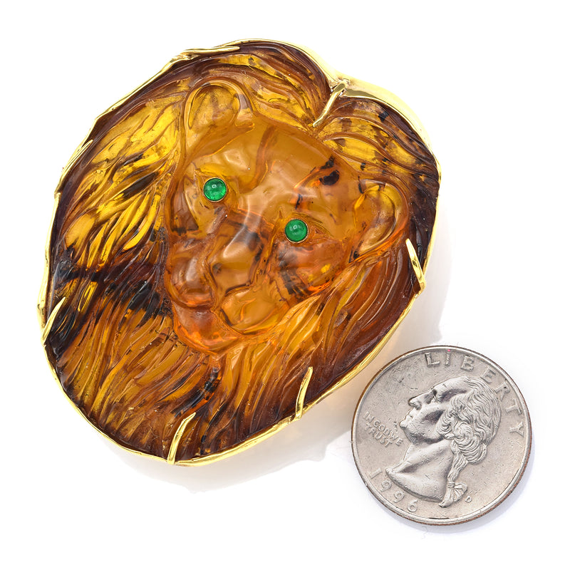Vintage 18K Yellow Gold Amber & Emerald Large Hand Made Carved Lion Brooch Pin