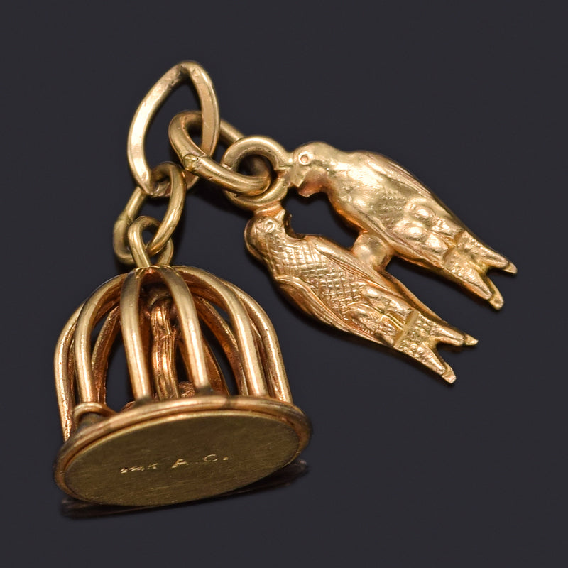 Vintage 14K Yellow Gold Love Birds Birdcage Charm Pendant