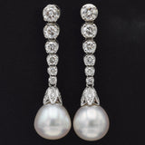 Estate 18K White Gold Sea Pearl & 1.48 TCW Diamond Drop Earrings